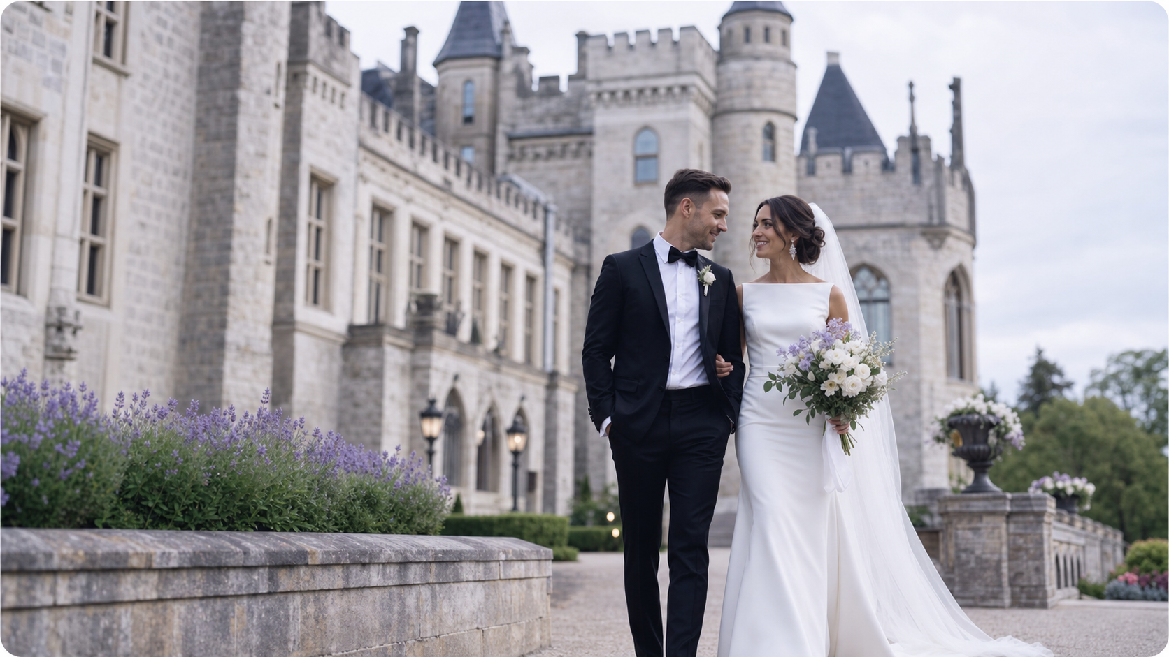 Bride and groom outside a historic castle
